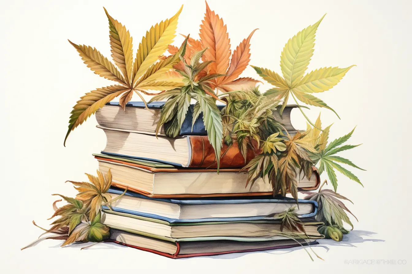 Ein Bücherstapel mit einigen Cannabisblättern darauf